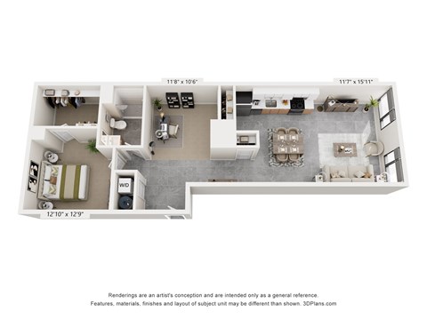 Floor plan for 1 bed, 2 baths, 1083 sqft